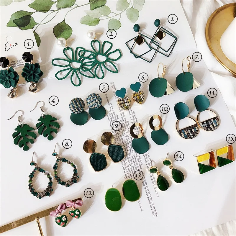 2019 Korean fashion geometric heart acrylic temperament green fresh round flower leaves long dangle earrings for women jewelry | Украшения