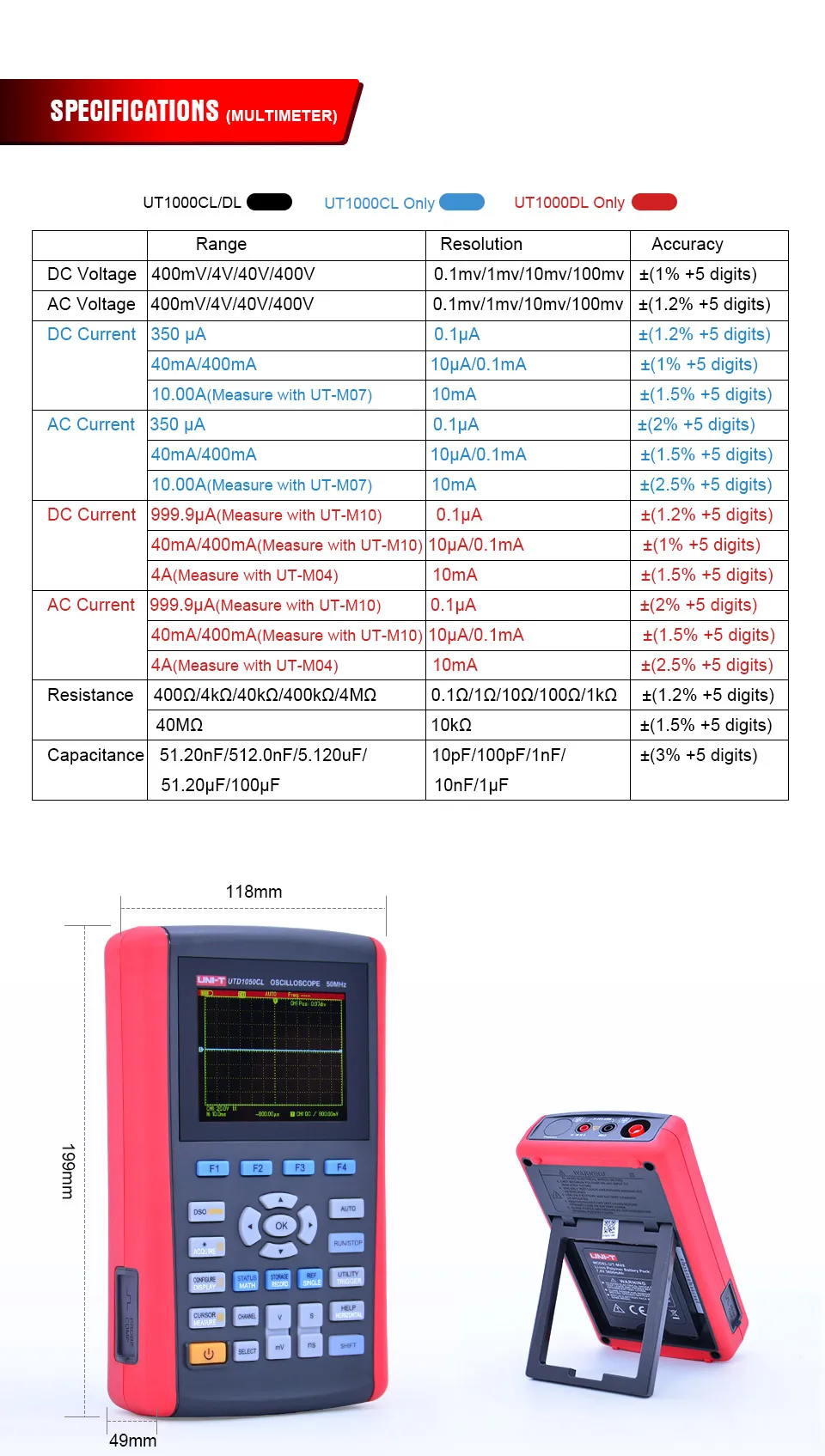 UNI-T UTD1025DL/UTD1025CL/UTD1050DL/UTD1050CL Ручной цифровой осциллограф с мультиметром USB