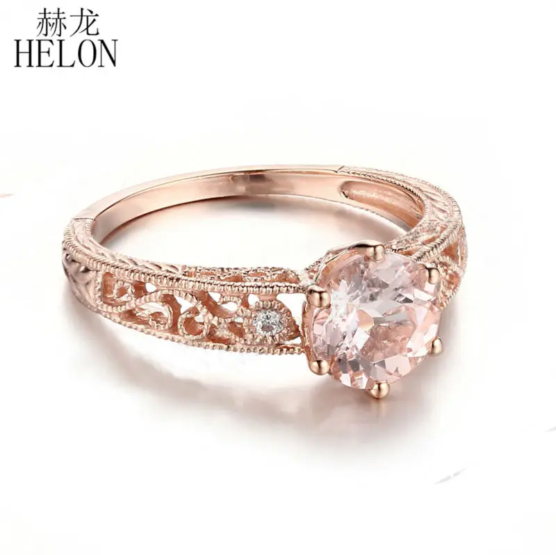 HELON 6.5mm Round Cut 1.37ct Genuine Morganite Solid 14KT Rose Gold Natural Diamond Fine Jewelry Engagement Gemstone Women Ring | Украшения