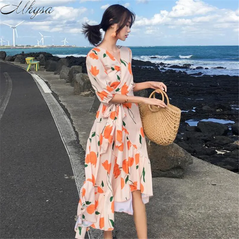 Mhysa 2019 Summer new holiday style ladies high waist retro print V-neck short sleeve irregular ruffled seaside beach dress Y049 | Женская