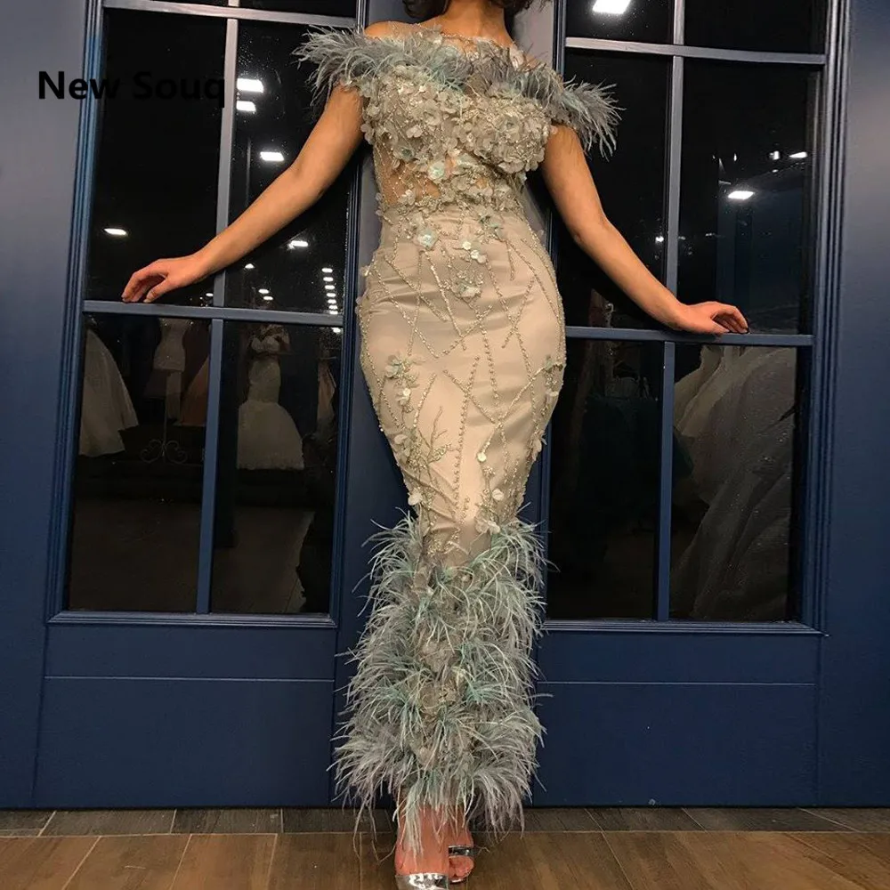 

Ankle Length Sheath Evening Dresses Feather Off The Shoulder Boat Neck Applique Beading Evening Gowns Dubai Arabic Prom Dress
