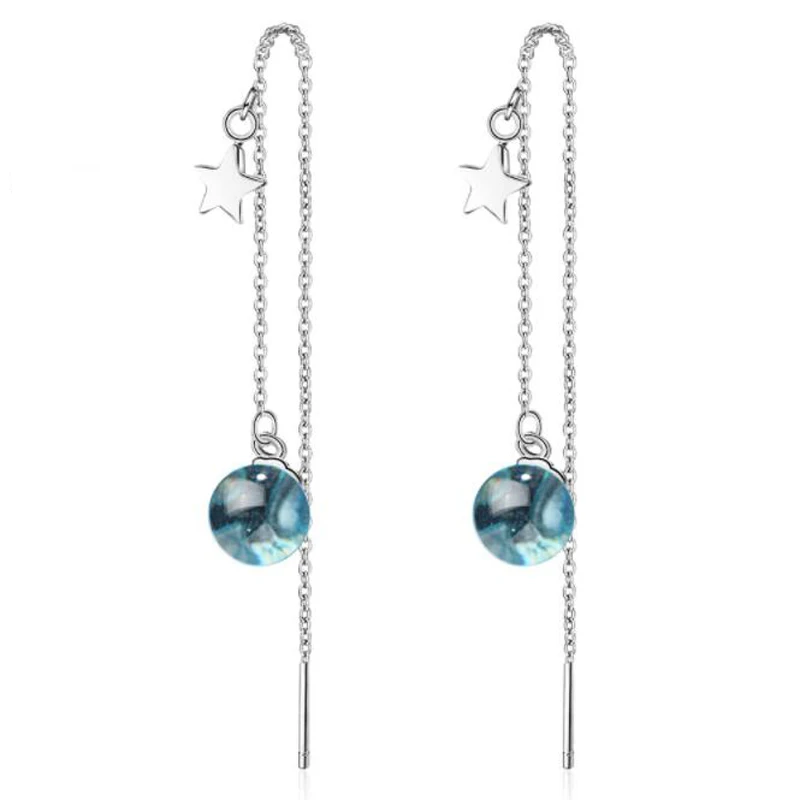 

KOFSAC New Fashion 925 Silver Earrings For Women Charming Blue Planet Crystal Drop Earring Ear Line Jewelry Valentine's Day Gift
