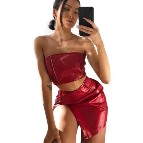 2018 Для женщин 2 шт. Bodycon двух частей Crop Top And Skirt Set Узелок Красный на молнии