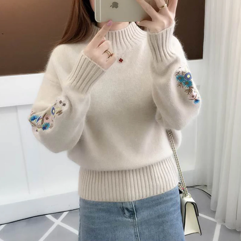 New Autumn Winter Warm Women Long Sleeve Embroidery Knitted Pullover Sweaters Ladies Crochet Sweater Female Tops High Quality | Женская