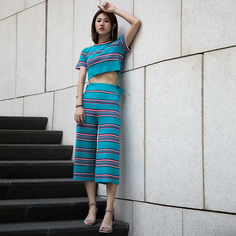 Контрастная полосатая трикотажная одежда из 2 предметов для женщин комплект двух