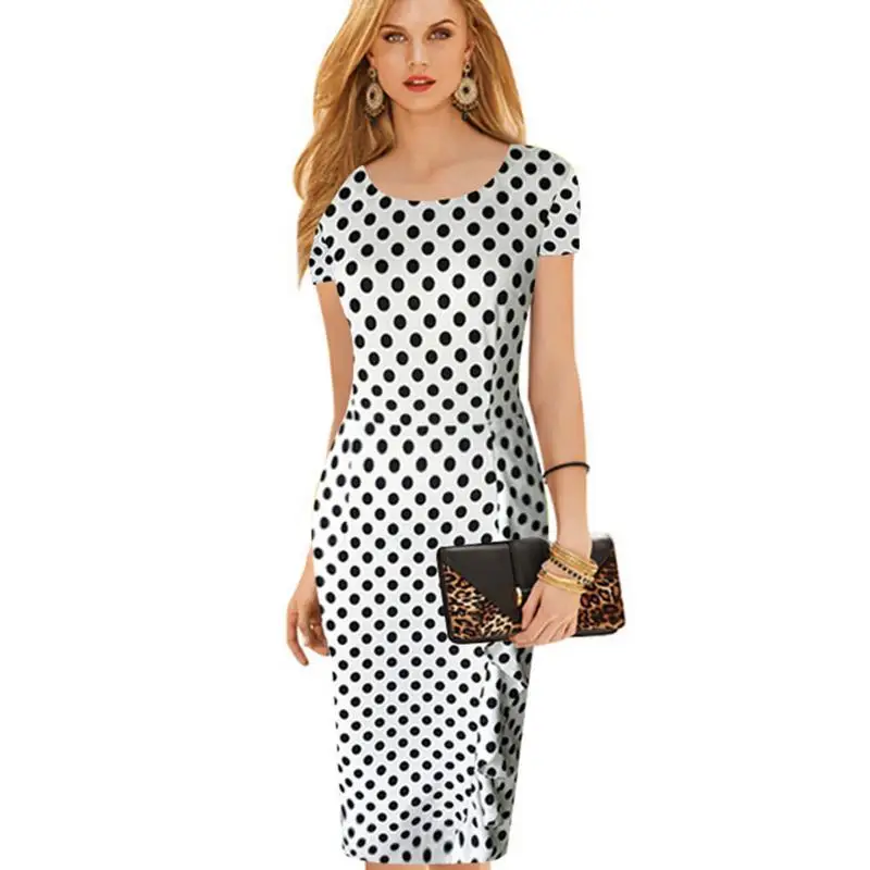 Старинные женские платья женщин bodycon dot круглым воротом с коротким рукавом длиной