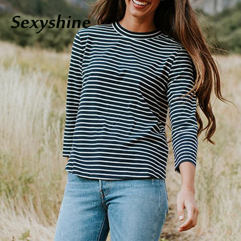 

Women T-shirt Female 2018 New Spring Autumn Fashion Striped Tshirt Back Slit Button Asymmetric Hem Cotton Long Sleeve Tees Tops
