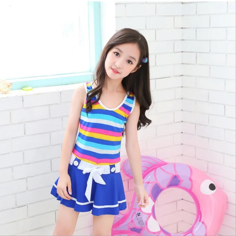 Новинка лета 2019 детский купальник в полоску для девочек Цельный Купальная юбка