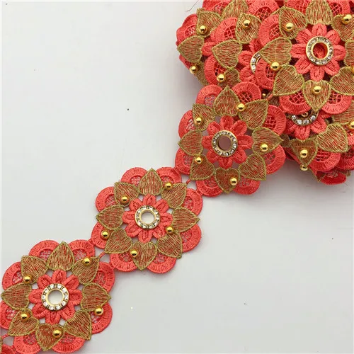 Watermelon color 10 ярдов много цветов Floer бисером петелька металлик вышитый мотив кружева Нигерия Венеция отделка крючком шнур Wide7cm - Цвет: Watermelon color
