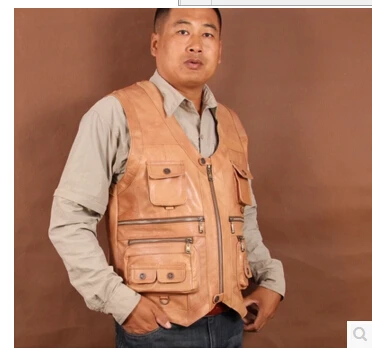 

Fashion!Custom men's High Quality Head Layer Cowhide Leather Vest Pocket PPopographer Older Thick Vest Coat
