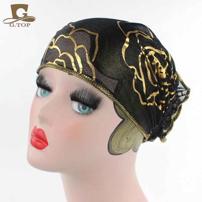 Черный кружевной тюрбан с цветком для женщин головной убор мусульманская