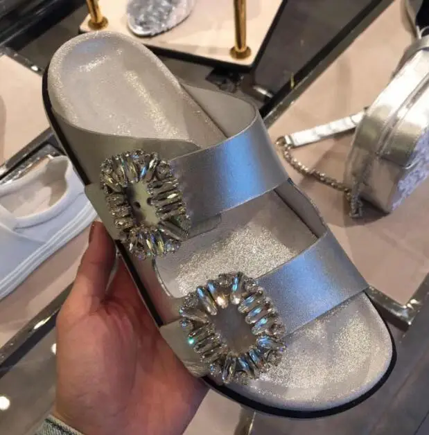 

BONJEAN Fashion Summer Crystal Buckle Decorations Woman Slippers Open Toe Satin Flat Shoes Sexy Beach Wearing Slides Casual Shoe