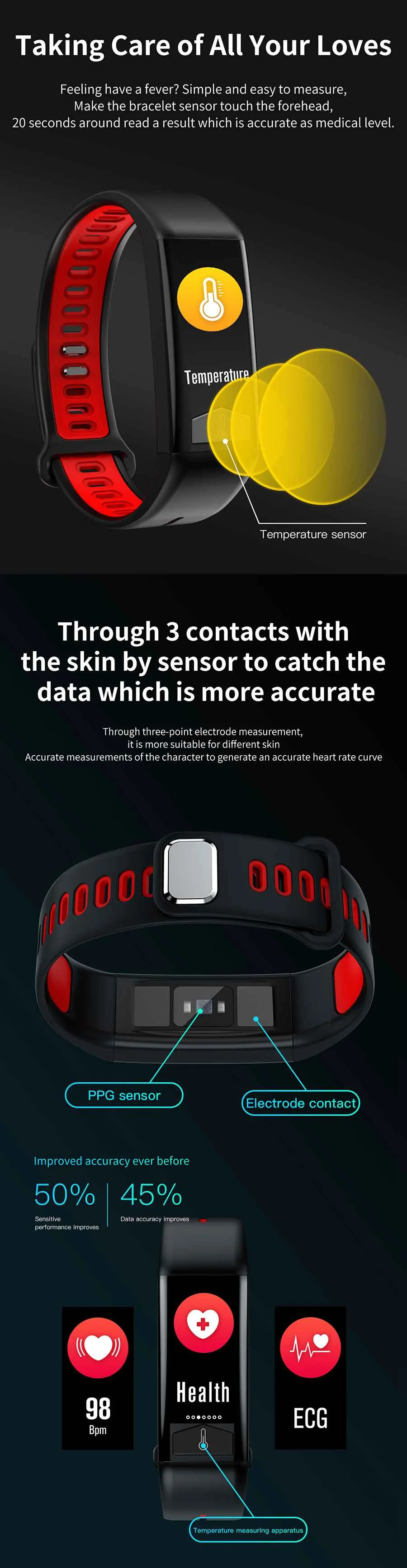 Bakeey T02 температура тела пульсометр IP68 Водонепроницаемый запись активности Bluetooth Музыка погода здоровье Смарт часы группа