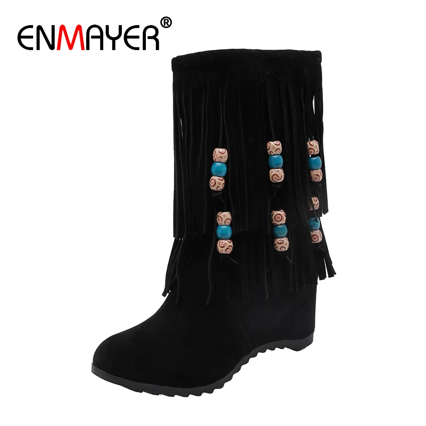 

ENMAYER Bead String Mid-Calf Flock Chelsea Boots Round Toe Flat with Zip Short Plush Solid Fringe Winter Boots Snow Women Shoes