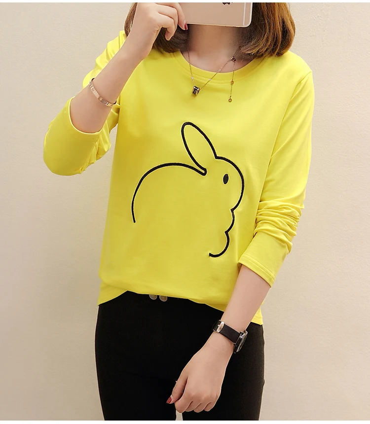 Осень 2017 г. Для женщин Топы корректирующие серии Кролик Вышивка Милая футболка