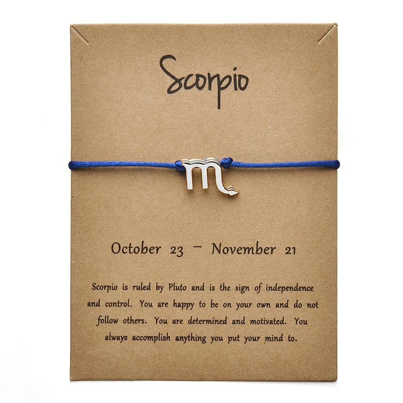 blue Silver Scorpio Модные украшения 12 созвездий Зодиака Скорпион счастливая веревка браслет браслеты для женщин мужчин подарок на день рождения - Окраска металла: blue Silver Scorpio