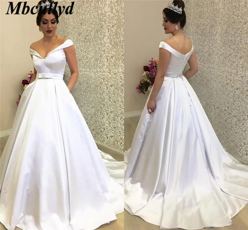 Свадебное платье с открытыми плечами Mbcullyd роскошное атласное блестящее