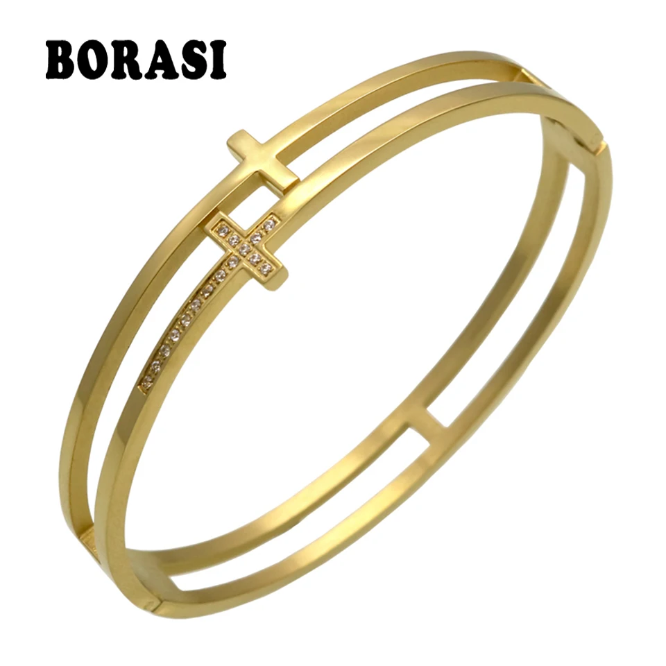 

Double Cross Punk Bracelet Women Fashion Brand Jewelry Stainless Steel Bracelets & Bangles Cuff Pave Setting Crystal Bracelet