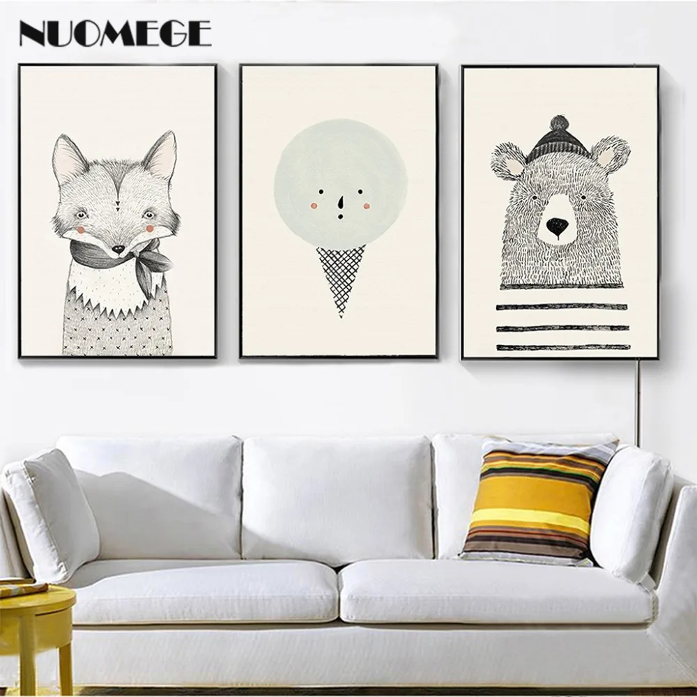

NUOMEGE Nordic Style Bear Fox Canvas Painting Cartoon Animal Poster Wall Art Picture Print for Children Room Decoration