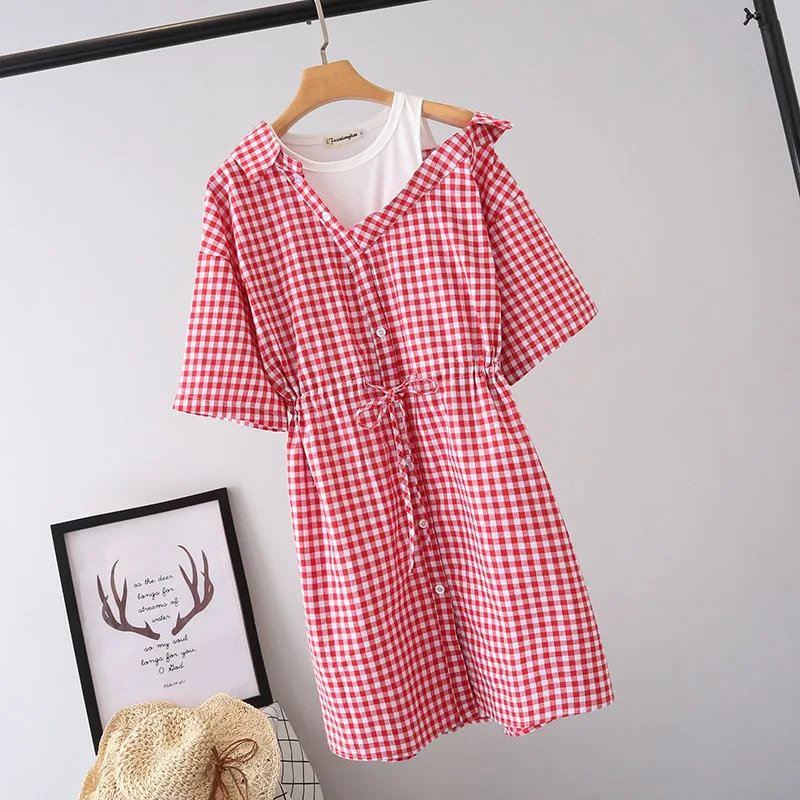 XL-3XL--dress Retro literary off-the-shoulder plaid fake two pieces mori girl dress | Женская одежда
