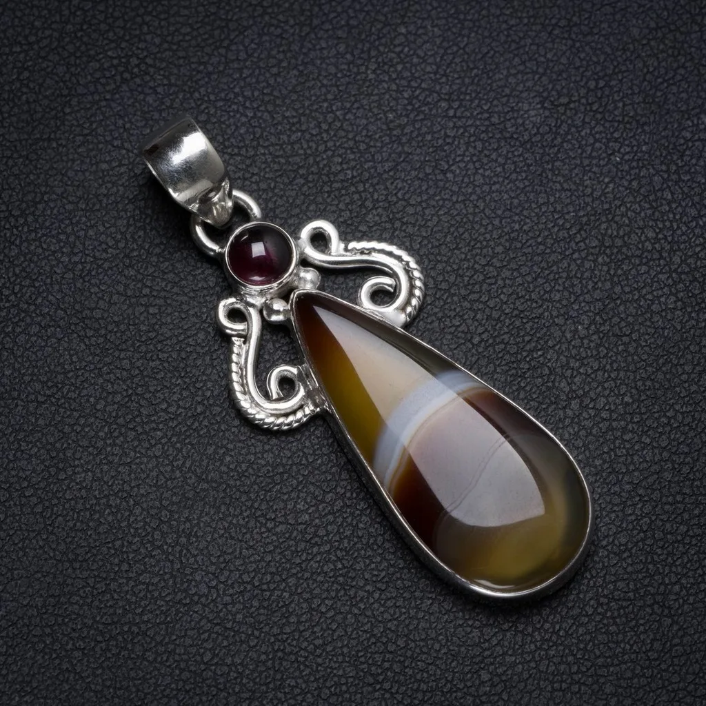 

Natural Botswana Agate and Amethyst Handmade Unique 925 Sterling Silver Pendant 2" X0234