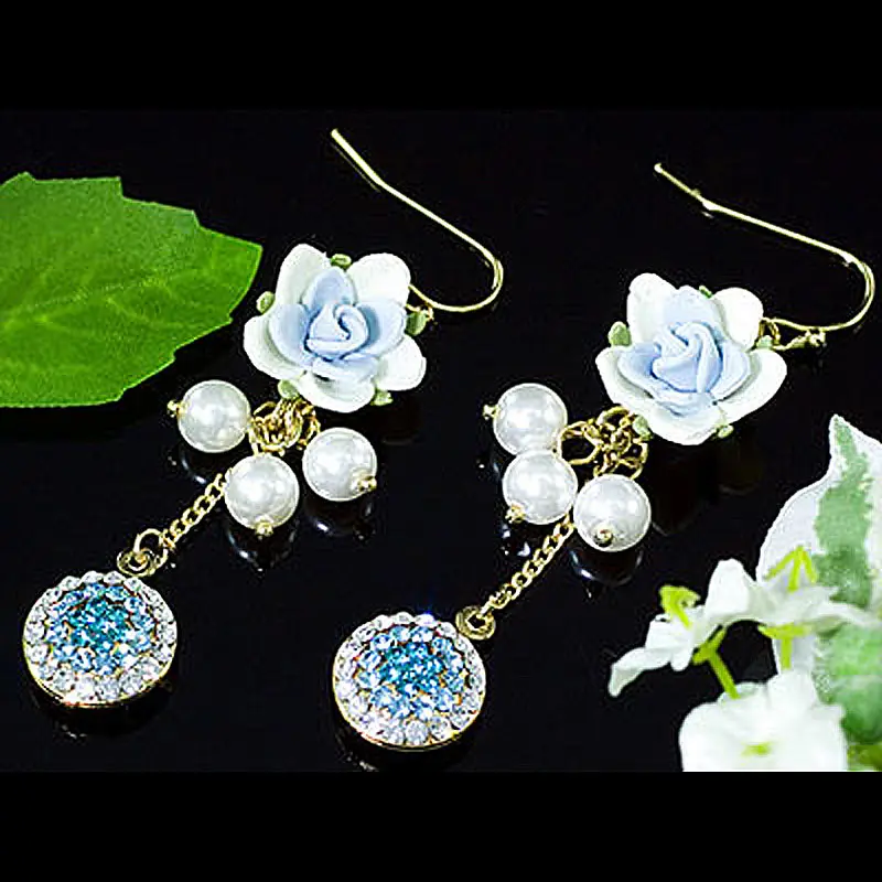 Синие висячие серьги CSE309 с павлиньими звездами розовыми цветами и австрийскими