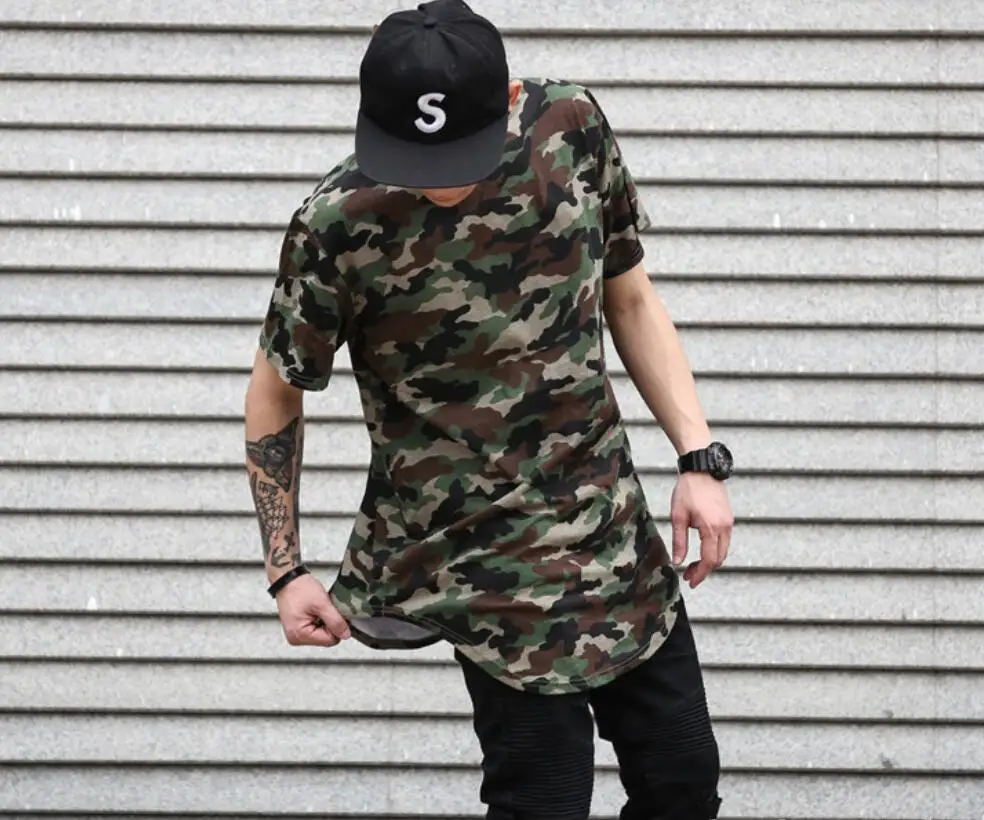 2017 Лето Расширенный Изогнутые Подол Майка Мужчины Городской Kpop Камуфляж