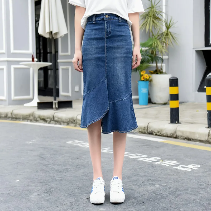 

Fashion Spring Summer Super Large Blue Beautiful Cowboy Fishtail skirts Loose New Casual Korean Style Beautiful Size 30-36 38 40