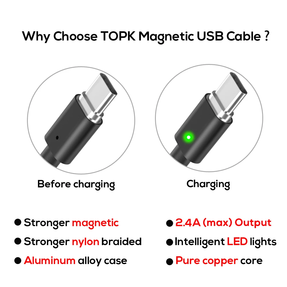 TOPK, магнитный светодиодный кабель с индикатором, кабель usb типа C и кабель Micro USB, адаптер, нейлоновая оплетка, магнитный кабель для зарядки и синхронизации данных