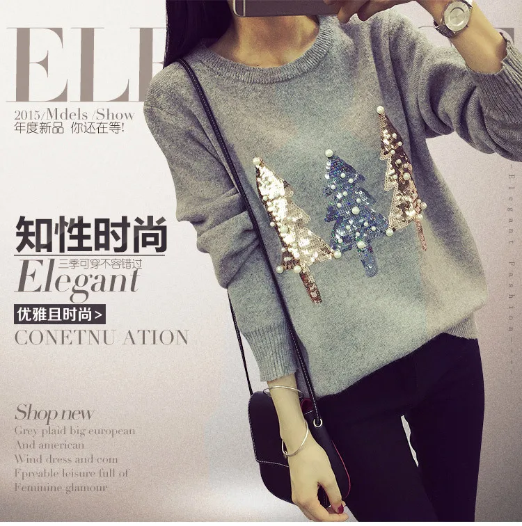 Winter Christmas Sweater Women Pullover New Hot Fashion O-neck Sequined Tree Long Sleeve Knit Pullovers Sweaters | Женская одежда