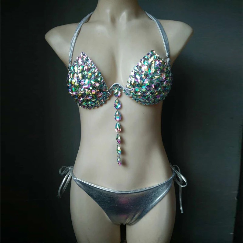 New Style Fashin Gold Silver Pink Green Sexy Bikini High Quality Shining Beading Halter Two 2 Piece Bodycon Beach Bodysuits