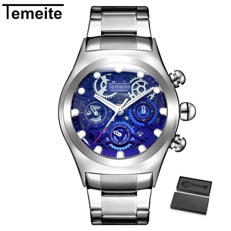 TEMEITE 1 with box Relogio TEMEITE Мужские часы Роскошные модные золотые кварцевые часы бизнес полностью Стальные наручные часы водонепроницаемые мужские часы - Цвет: TEMEITE 1 with box