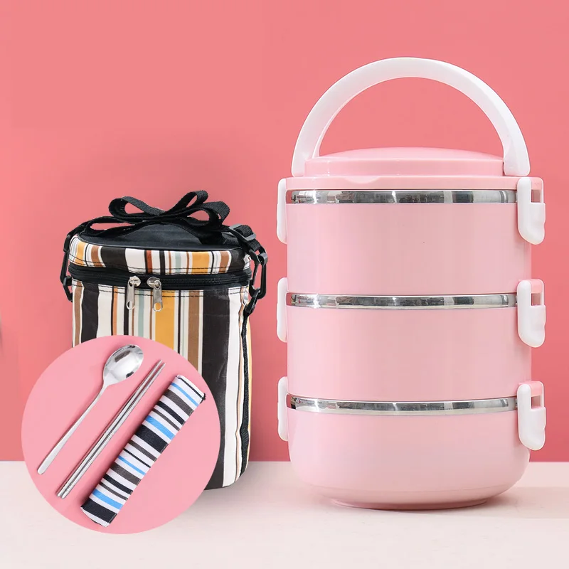 Pink 3 Layer-Bag С сумкой набор посуды термоизоляционный герметичный Ланч-бокс 304 нержавеющая сталь пластиковая коробка для бенто Япония портативный контейнер для еды - Цвет: Pink 3 Layer-Bag