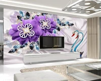 beibehang stereo wallpaper for walls 3d luxury swan purple flower jewelry tv bedroom living room wall papel de parede wall paper