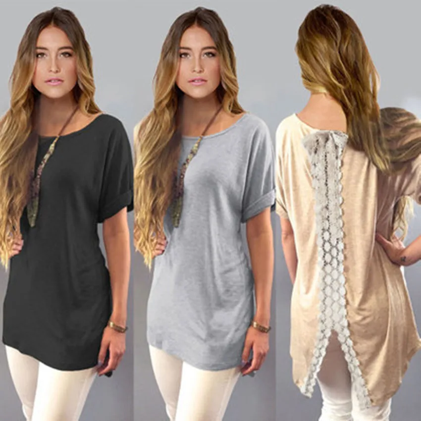 

Plus Size 3 Colors Hot Sale 2017 Soft Cotton Lace Blouse Short Sleeve Long Length Shirt BOHO Style for Ladies Free Shipping