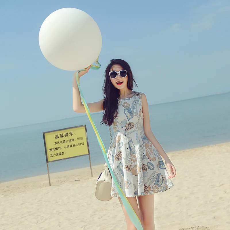 Mishow sleeveless cute A-line cotton charecter print women sundress 2019 summer O-neck high waist knee-length dress MX16C8886 | Женская