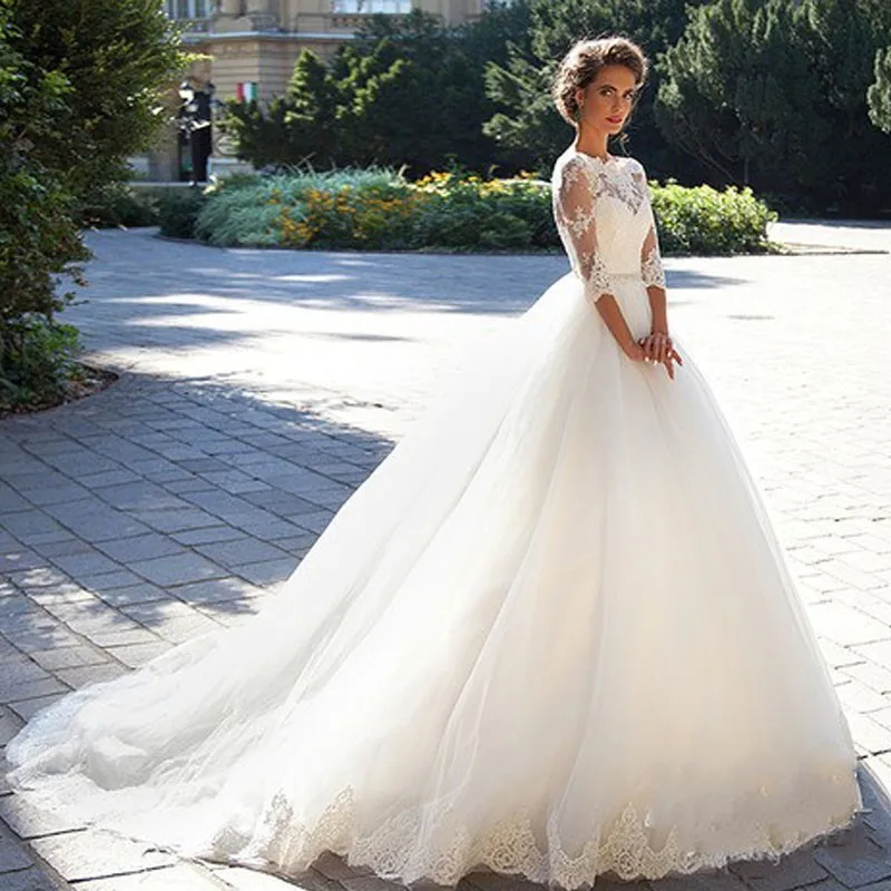Vestido Де Noiva 2017 Романтический Бальное платье Свадебное Платье Scoop шеи Кружева Три