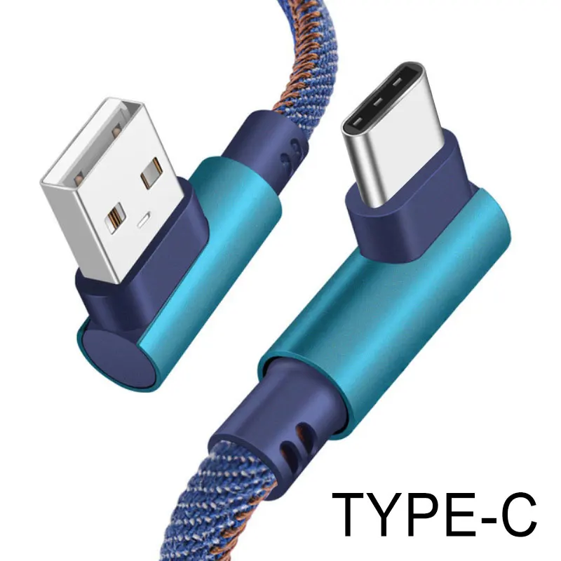 Type c-Blue Двойной локоть 90 градусов кабели для мобильных телефонов ковбой плетеный провод передачи данных USB кабель для Android iOS type c 1 м 2 м - Цвет: Type c-Blue