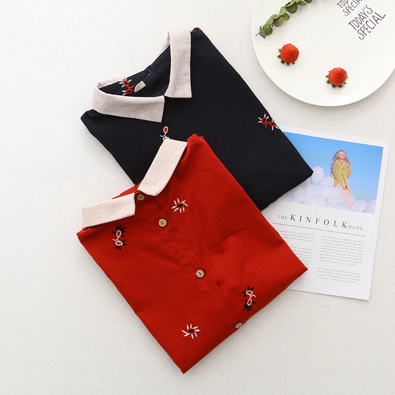 Шикарная маленькая Цветочная вышивка отложной воротник рубашка с пуговицами на