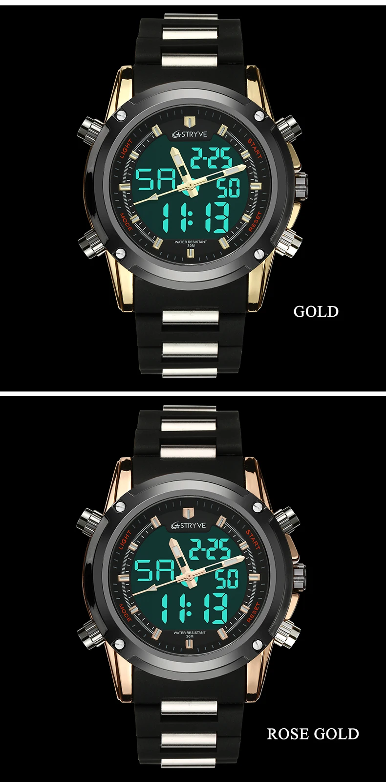 Montre Homme STRYVE Лидирующий бренд часы для мужчин Спорт водонепроницаемый силиконовый стальной Дата Сигнализация GMT светодиодный фонарь роскошный цифровой кварц