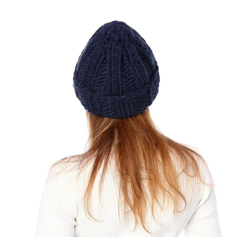 Royal Blue Зимние розовые шерстяные вязаные женские шапки-бини, модная шапка унисекс на весну и осень, однотонные перчатки из грубой пряжи, теплые вязаные мужские шапки Skullies - Цвет: Royal Blue