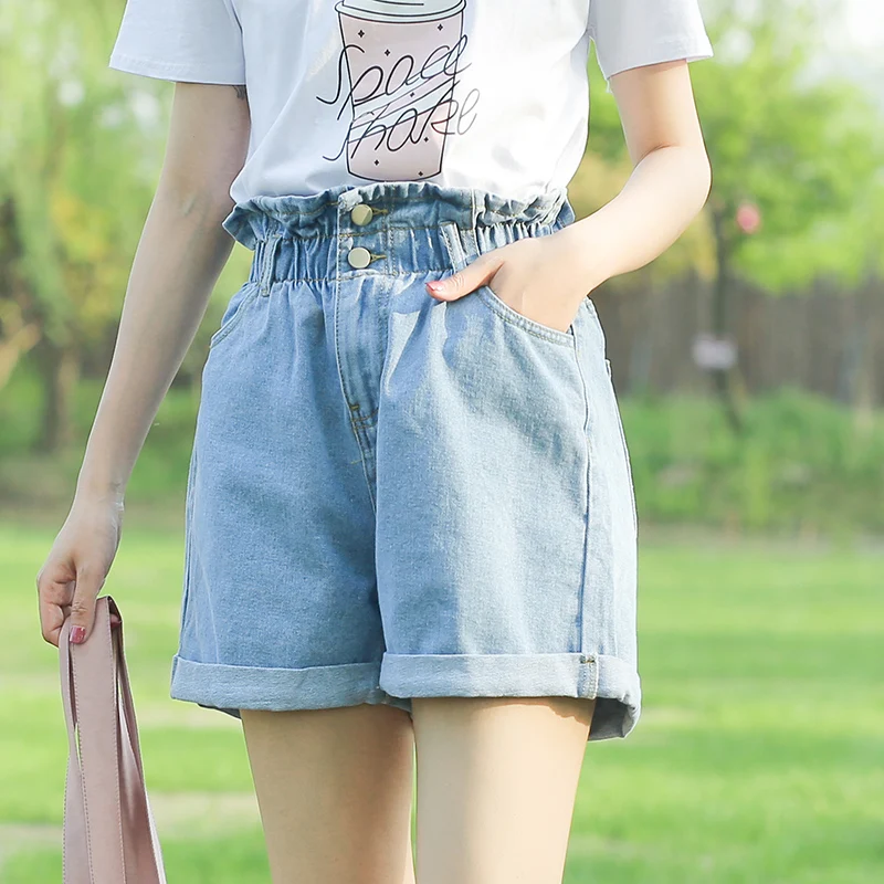 Vetevidi летние свободные джинсовые шорты с высокой талией женские тонкие