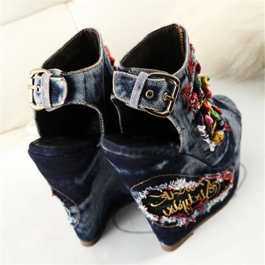 Женские дизайнерские туфли на танкетке Mabaiwan синие джинсовые сандалии с открытым