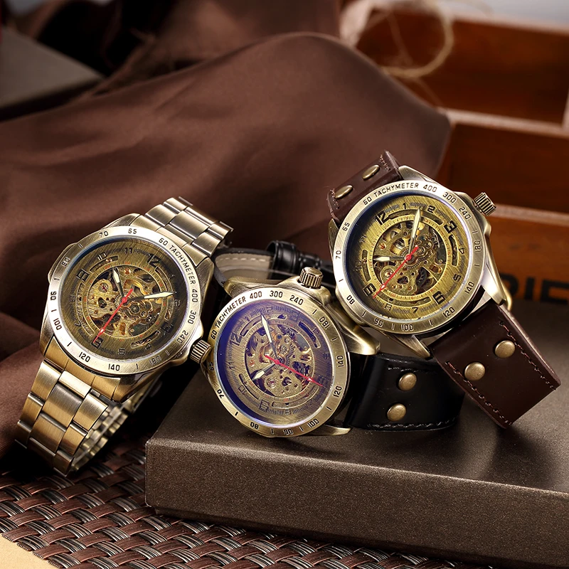 

Hot Sale Antique Automatic Mechanical Watches Leather Band Steampunk Retro Bronze Sculpture Skeleton Dial Men Watch Gift