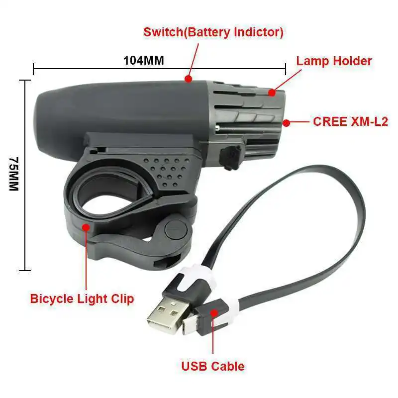 Светодиодная велосипедная фара WasaFire перезаряжаемая через USB передняя для