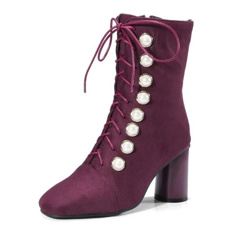 Autumn and winter New style fashion black sexy Pearl rivet Square head High-heeled Short boots Cashmere Keep warm Women Boots