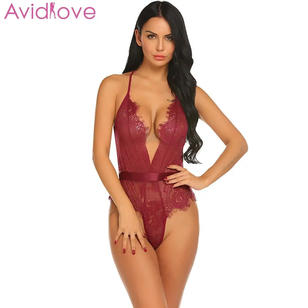 Avidlove сексуальный Боди женское сексуальное нижнее белье v-образный вырез Спагетти ремень Кружева цветочные прозрачные спинки Глубокий через Тедди для сна - Цвет: WR
