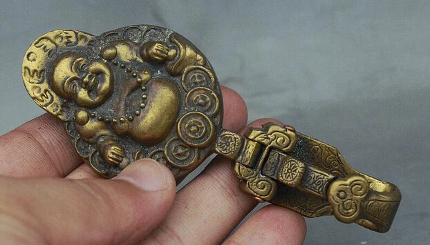 ZSR919+++11CM Old China Bronze Copper Buddhism Happy Maitreya Buddha Belt Buckle Statue | Дом и сад