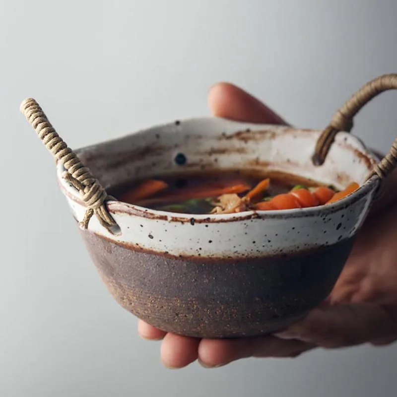 Японская грубая керамическая посуда винтажная чаша пеньковая веревка ручка