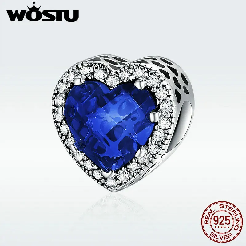 WOSTU новый 925 пробы Серебряный ослепительный сияющий в форме голубого сердца Шарм